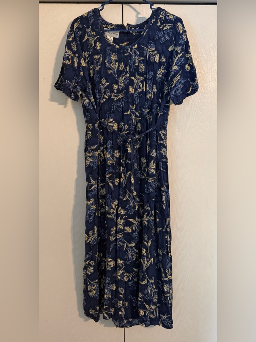 Betsy Lauren blue floral ditsy boho prairie maxi dress vintage sz 14 waist tie